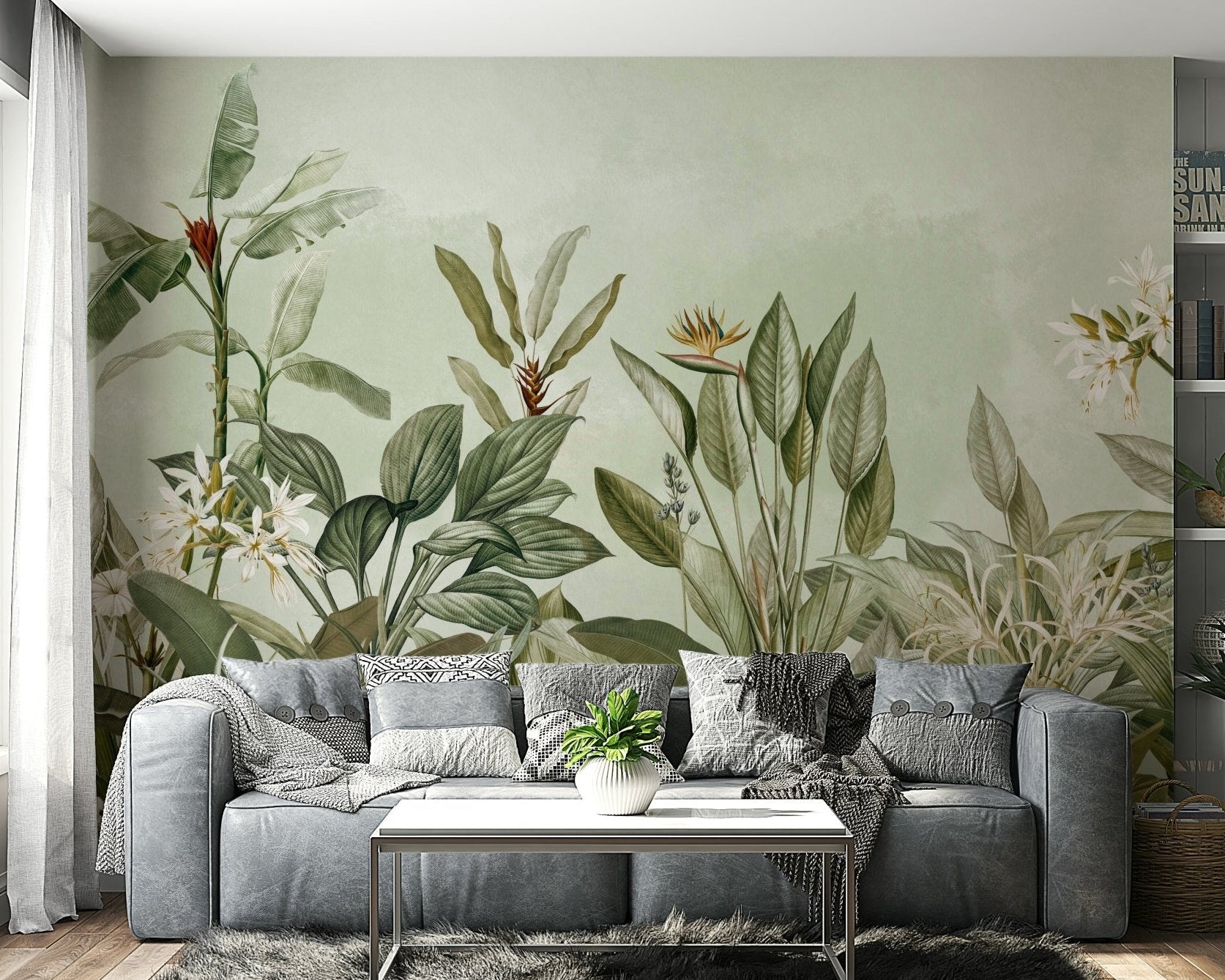 Botanical wallpaper in a calm interior setting