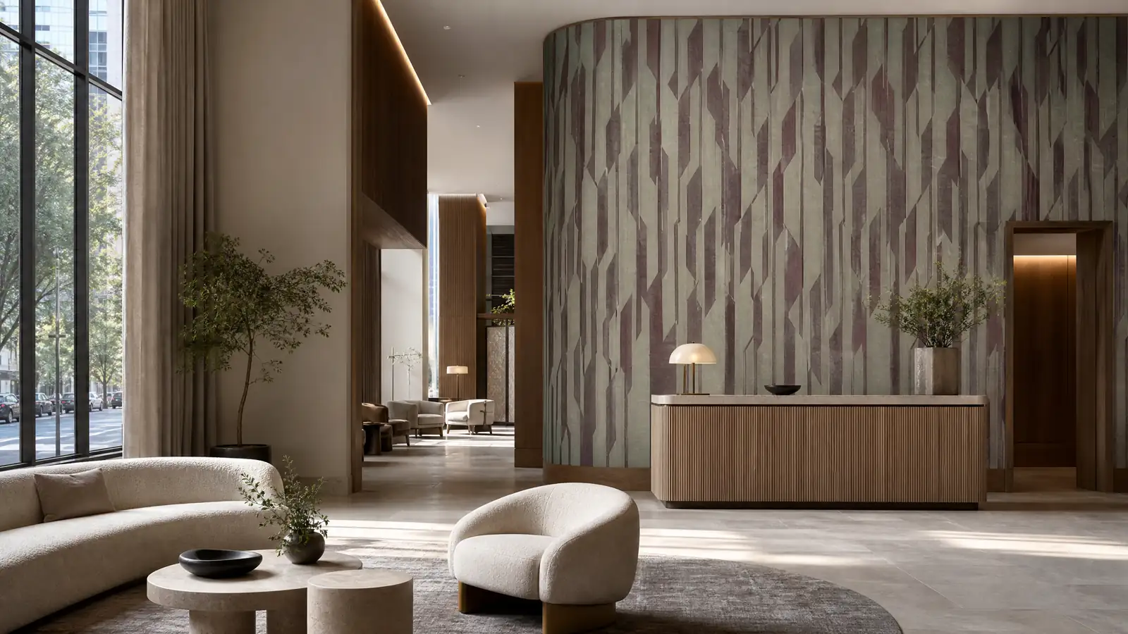 Modern commercial interior with patterned wallcovering