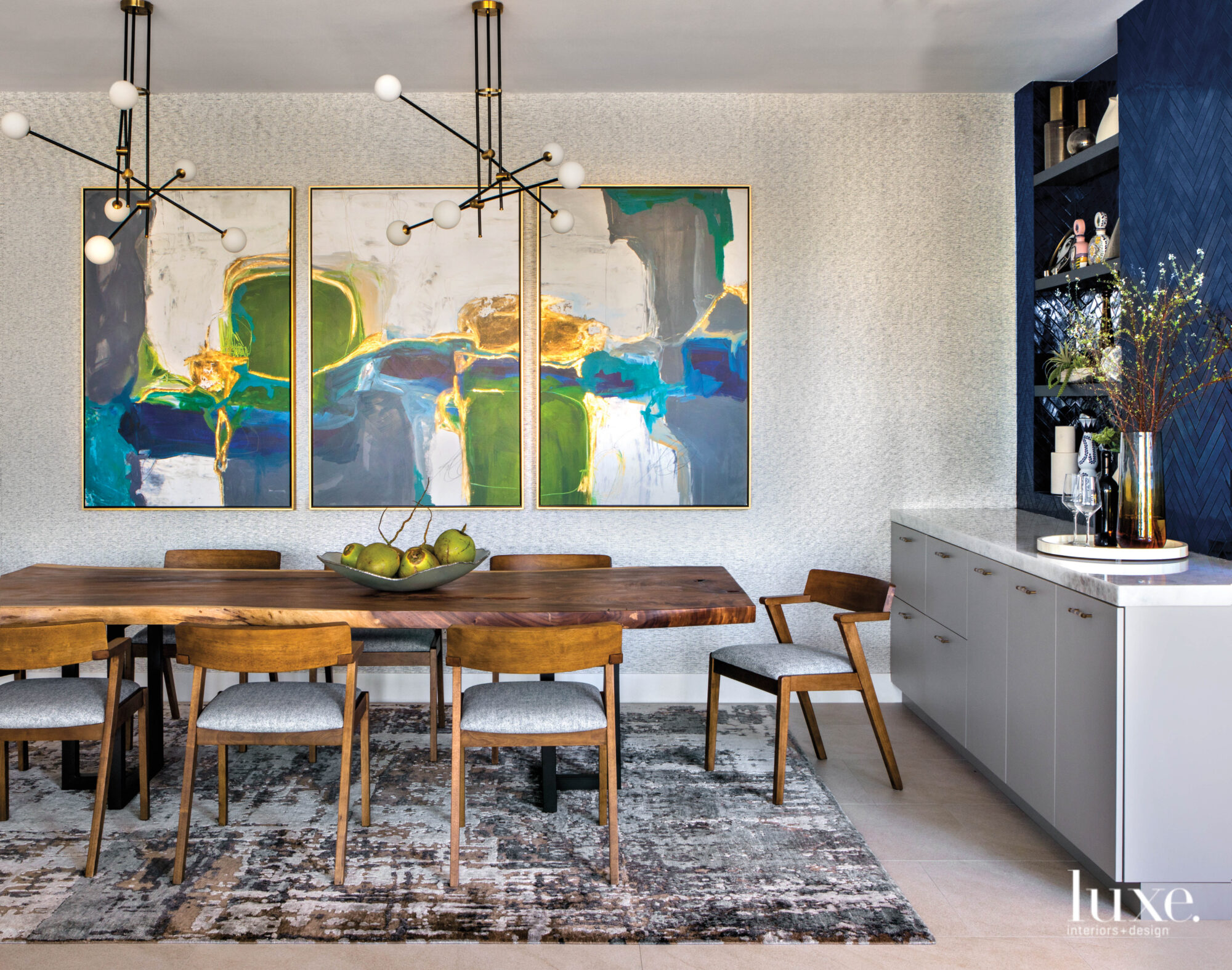 Elegant dining room with botanical wallpaper